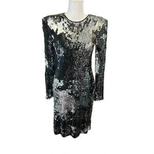 Naeem Khan Black Silver Sequin Cutout Back Cocktail Evening Dress Size 2